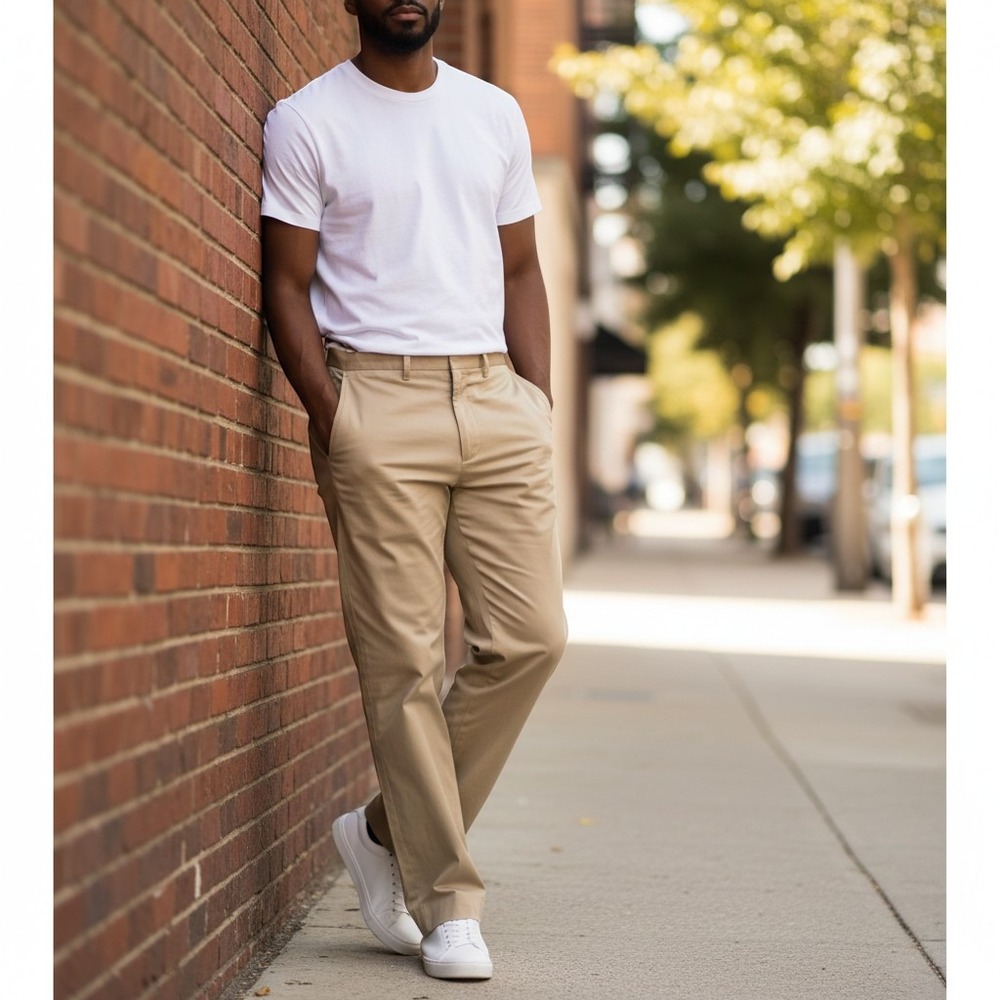Lands' End Chino Trousers 36x30 Khaki Excellent Flat Front‎ Straight Leg Pants